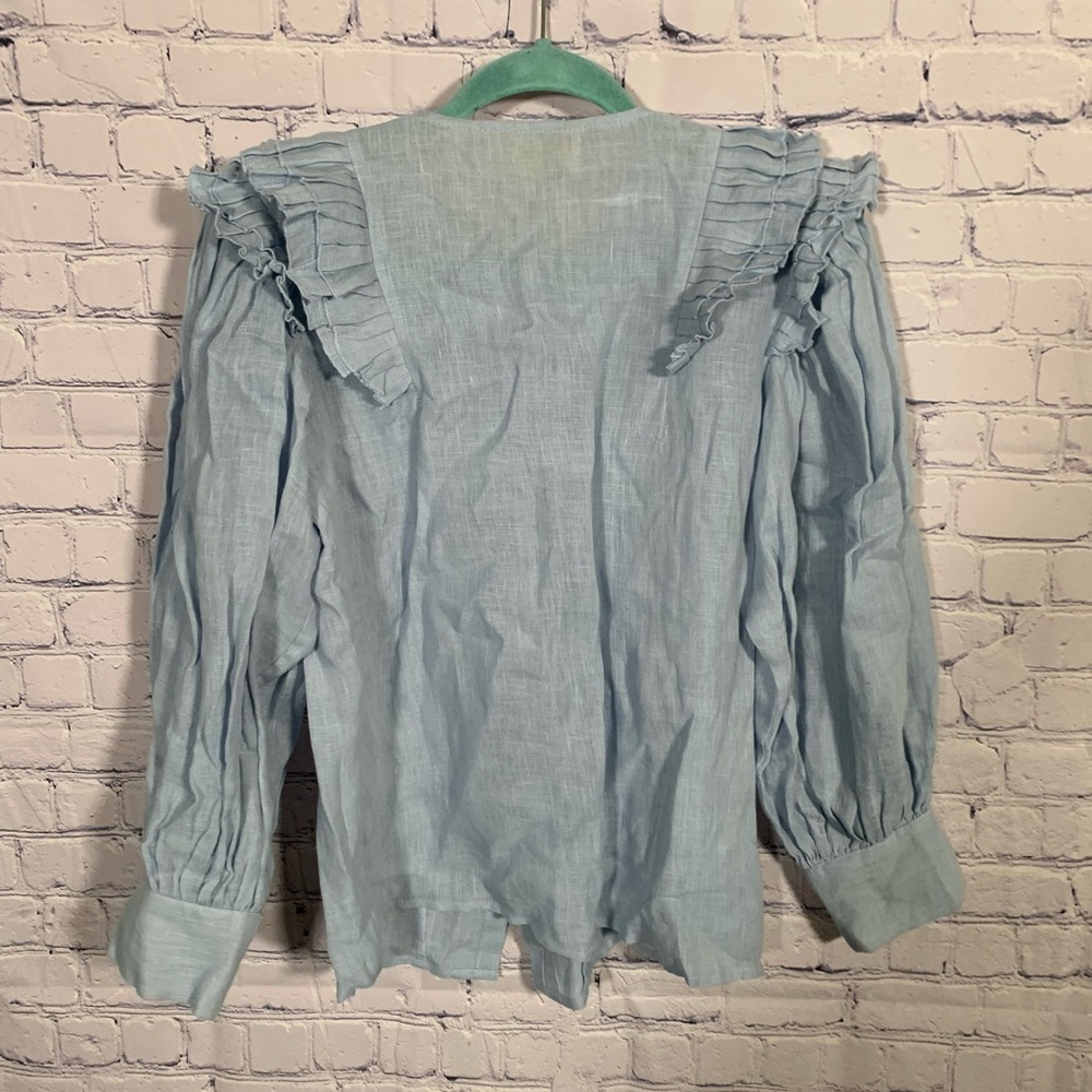 Carolina K Womens H emp Full Button Ruffle Top Blue Size S Preppy Quiet Luxury - Picture 3 of 6